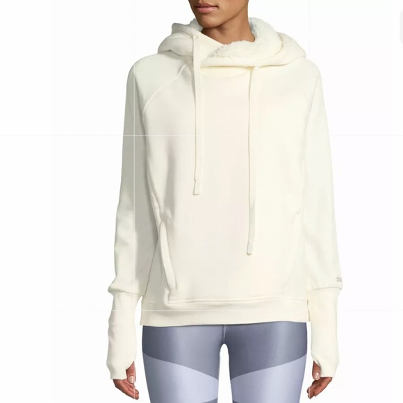 Alo Knit Fleece Lined Long Sleeve Hoodie Sweatshirt White Small off white - Picture 7 of 8